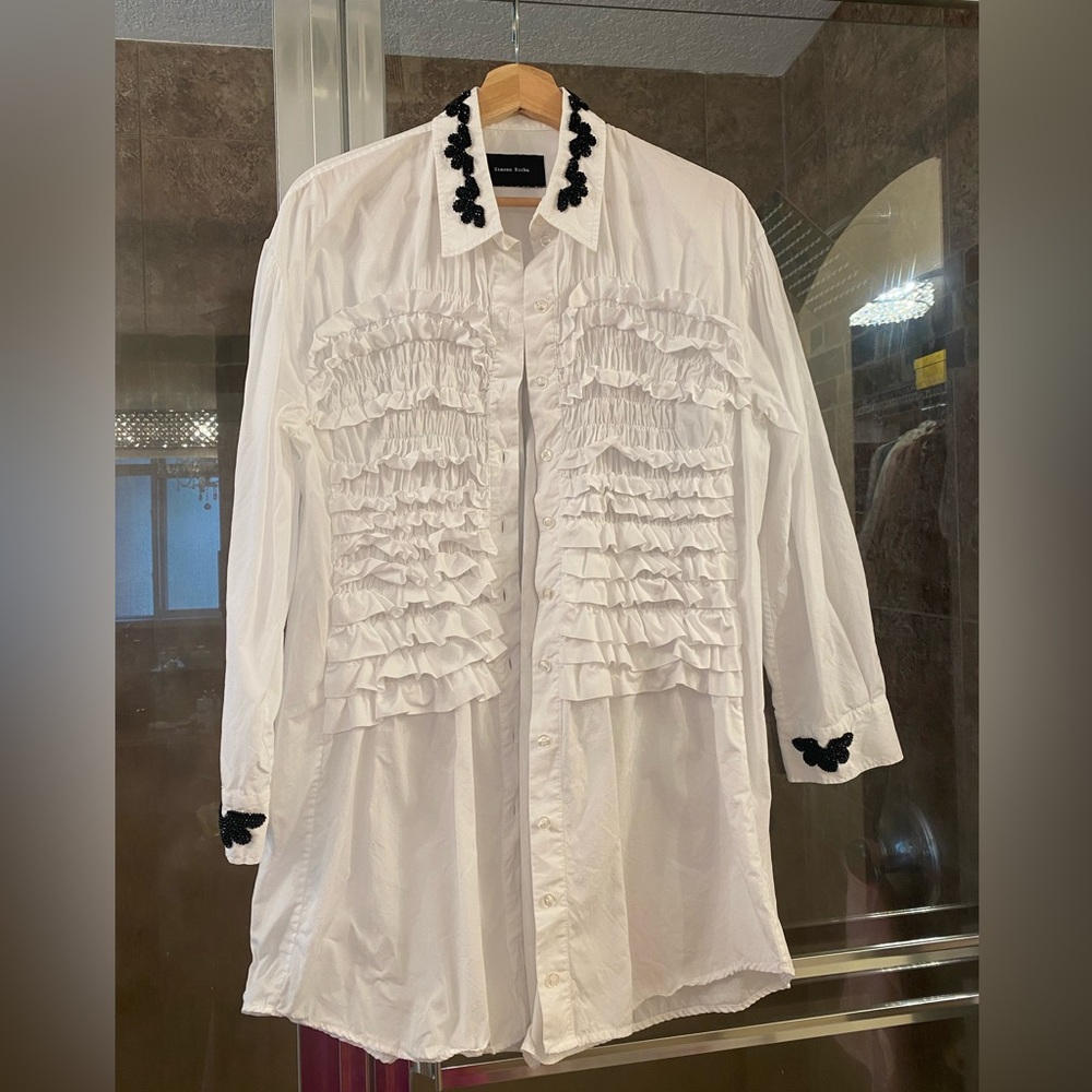 Simone Rocha crisp white cotton ruffled shirt with embellished collar and cuffs